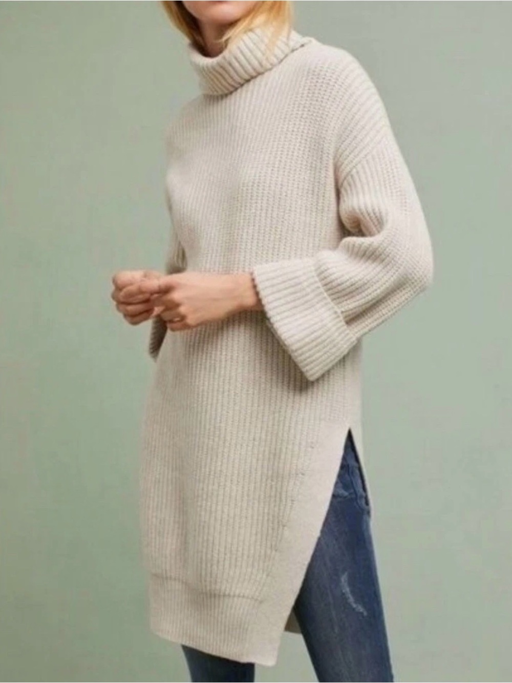 Moth by Anthropologie Cozy Cream Turtleneck Ribbed Tunic Sweater long cuffed